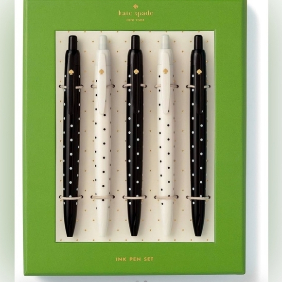 🔹️Kate Spade New York Black Ink Pen Set of 5, Polka Dot Retractable Pens. - Picture 1 of 2